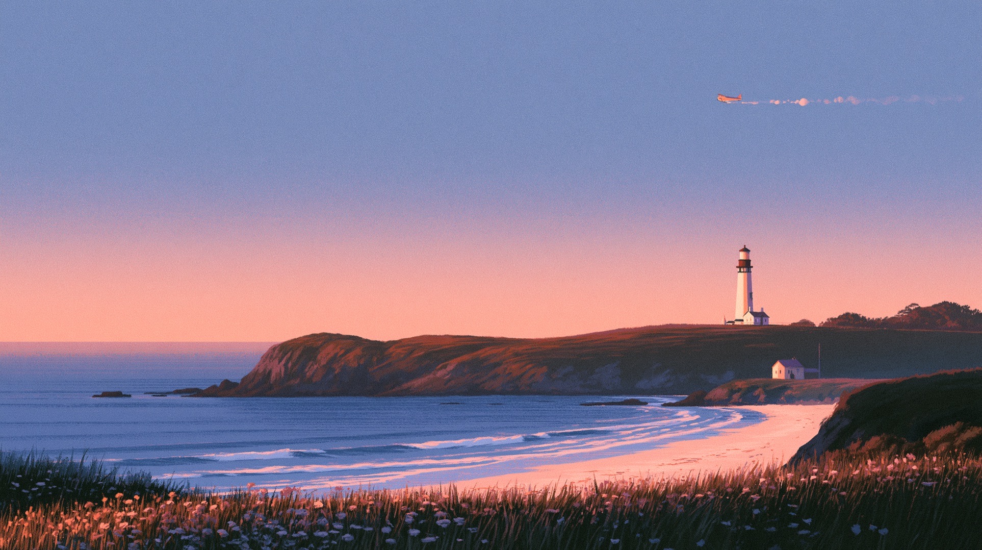 A quiet coastal bay at dusk: a white lighthouse on the headland, a small plane crossing the empty sky, wildflowers in the foreground