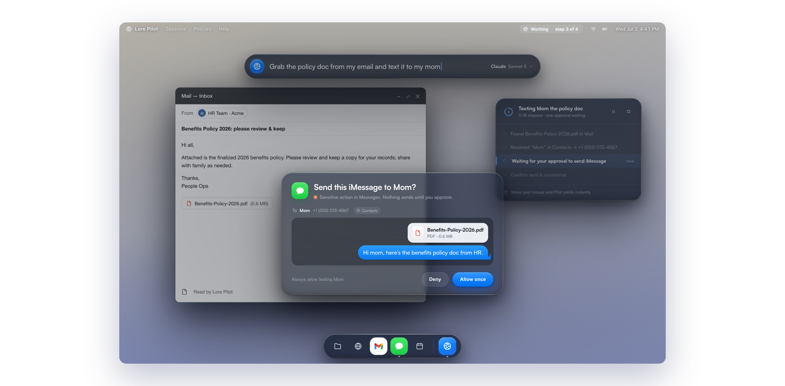 Lore Pilot mid-task: it read an email, found a contact, wrote a message, and stopped at the send for approval
