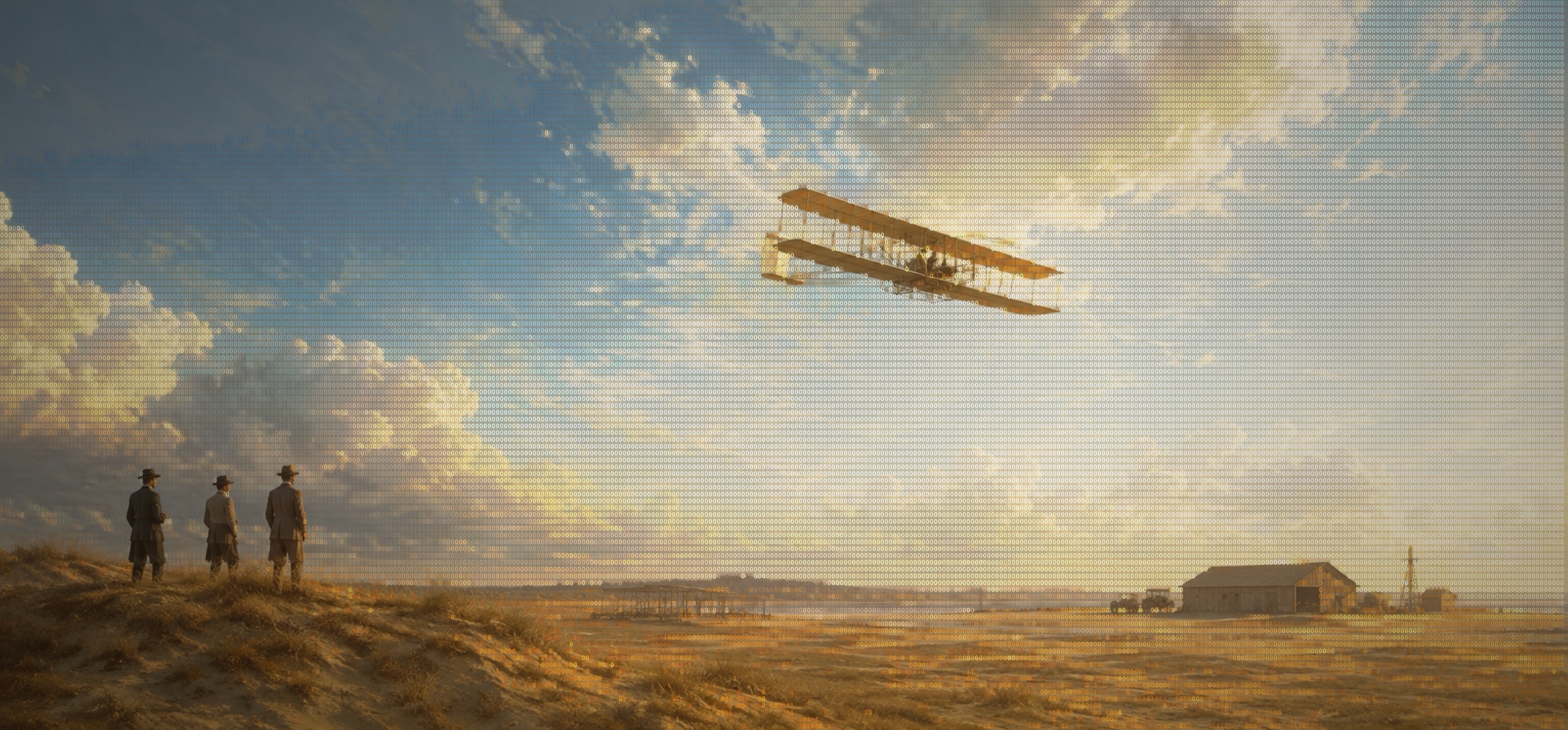 The Wright Flyer over the dunes at Kitty Hawk, three figures watching from the grass